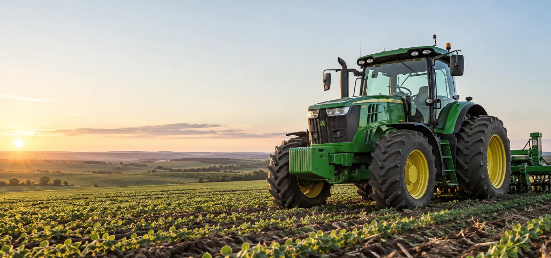 Trator agrícola verde em uma lavoura ao amanhecer